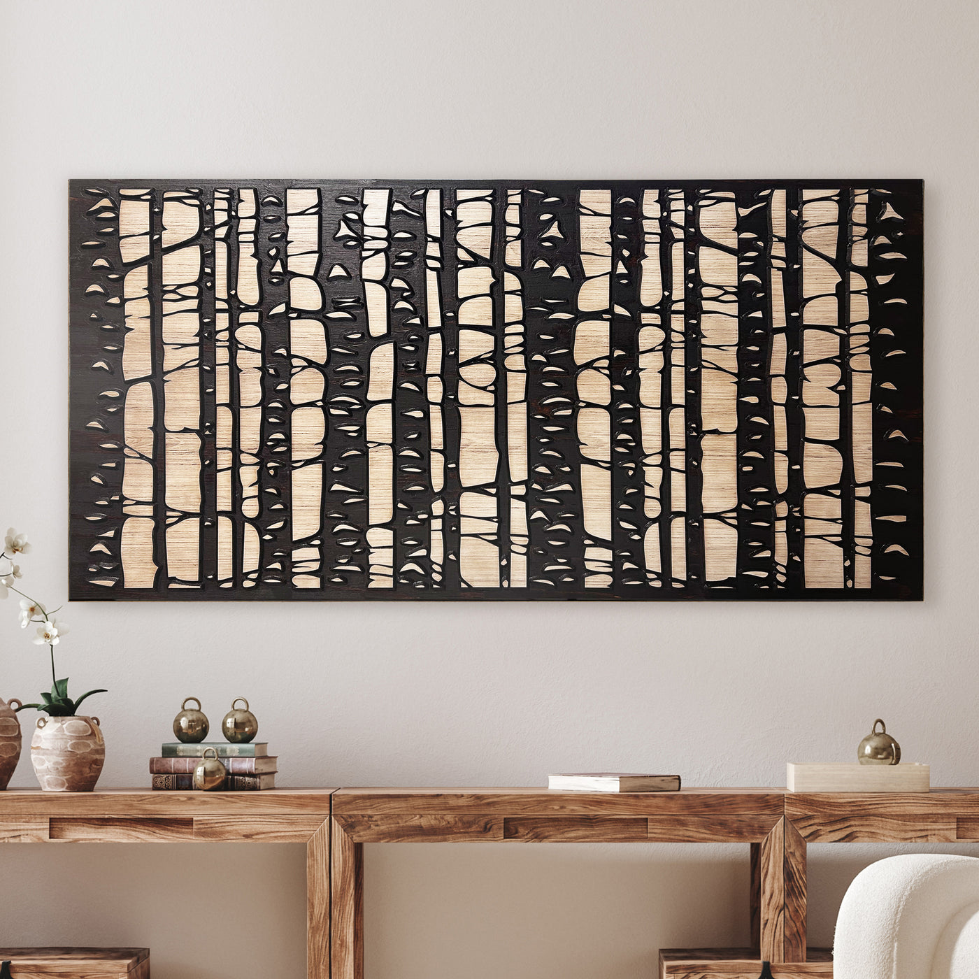 Custom birch tree scene that is zoomed in and carved into wood. Abstract wood wall art by Howdy Owl is offered in two different finish colors and 5 different sizes. The finish colors will be a distressed tan main board with a dark brown stained carving and edge. Or you can choose the distressed gray main board with a black stained carving and edge. This cabin & nature art is neutral and go with most any rustic or modern decor.