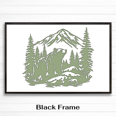 Grizzly bear wood framed canvas wall art. This wall art features a thin, solid wood frame handcrafted at our shop located in Ashland, Nebraska. Cream lime nature scene on a white background, on premium canvas with a high definition print.