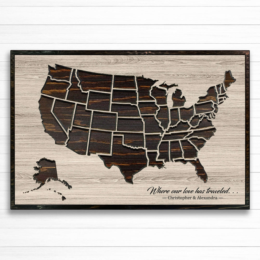 Custom US push pin travel map carved into wood and personalized with your own text - Anniversary gift idea - Use push pins to mark your travels