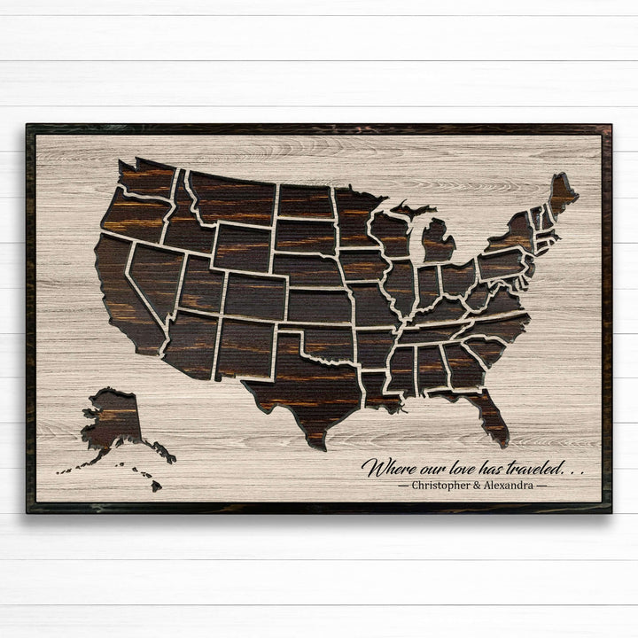 Custom US push pin travel map carved into wood and personalized with your own text - Anniversary gift idea - Use push pins to mark your travels