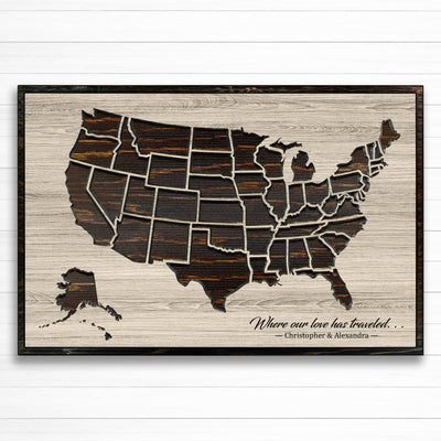 Custom US push pin travel map carved into wood and personalized with your own text - Anniversary gift idea - Use push pins to mark your travels