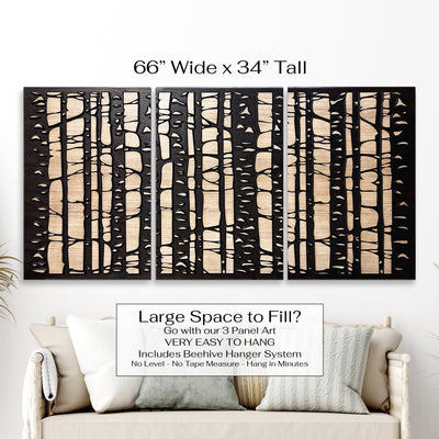 Custom birch tree scene that is zoomed in and carved into wood. Abstract wood wall art by Howdy Owl is offered in two different finish colors and 5 different sizes. The finish colors will be a distressed tan main board with a dark brown stained carving and edge. Or you can choose the distressed gray main board with a black stained carving and edge. This cabin & nature art is neutral and go with most any rustic or modern decor.