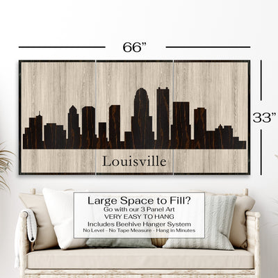 Louisville Kentucky city skyline wood all art. Custom carved into solid wood and features Howdy Owl's one-of-a-kind unique wood wall art finish. Personalized with your own text and a great gift idea for any occassion. Handcrafted in Ashland, Nebraska with shipping offered world-wide.
