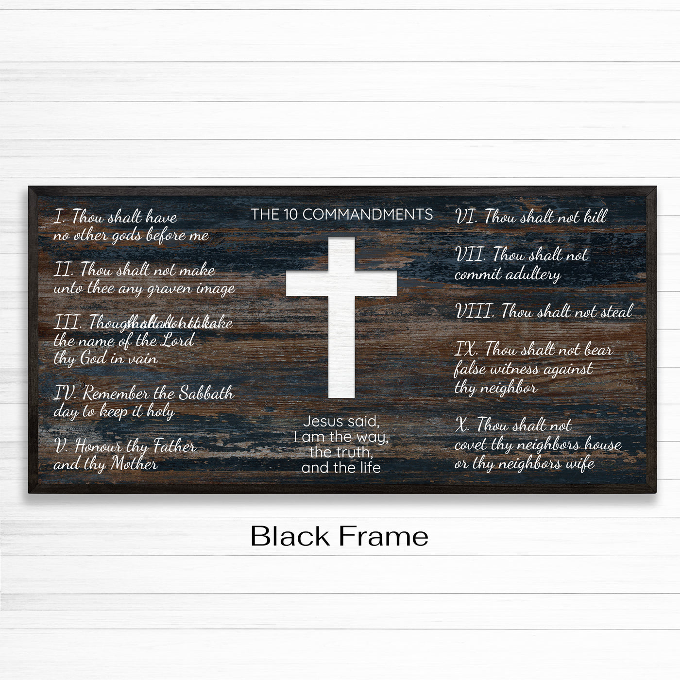 Ten commandments wood framed canvas wall art. This wall art features a thin, solid wood frame handcrafted at our shop located in Ashland, Nebraska. White distressed cross and text on a distressed blue woodgrain pattern background, on premium canvas with a high definition print.