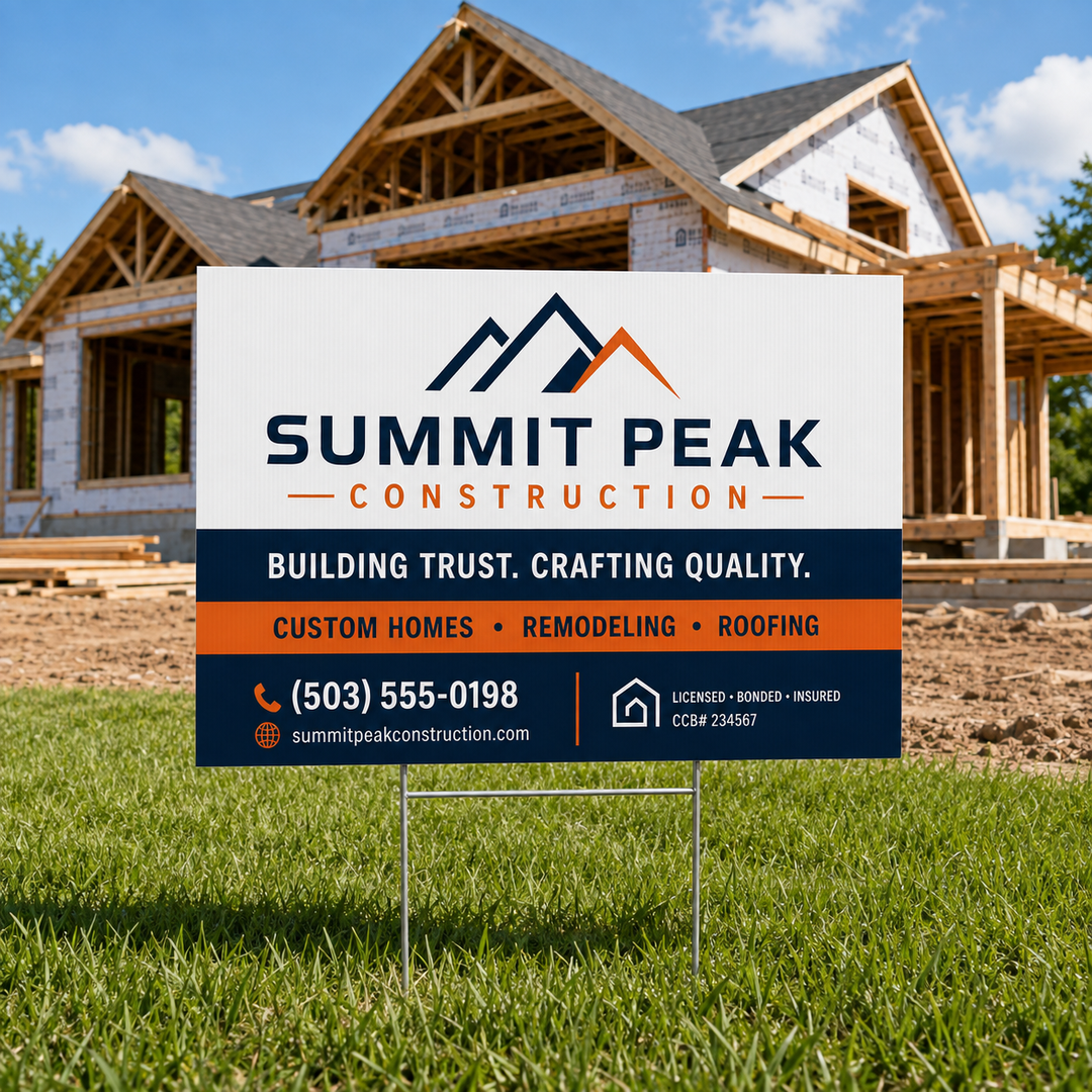 Custom construction yard sign on an aluminum H-frame displayed in front of a new home being built.