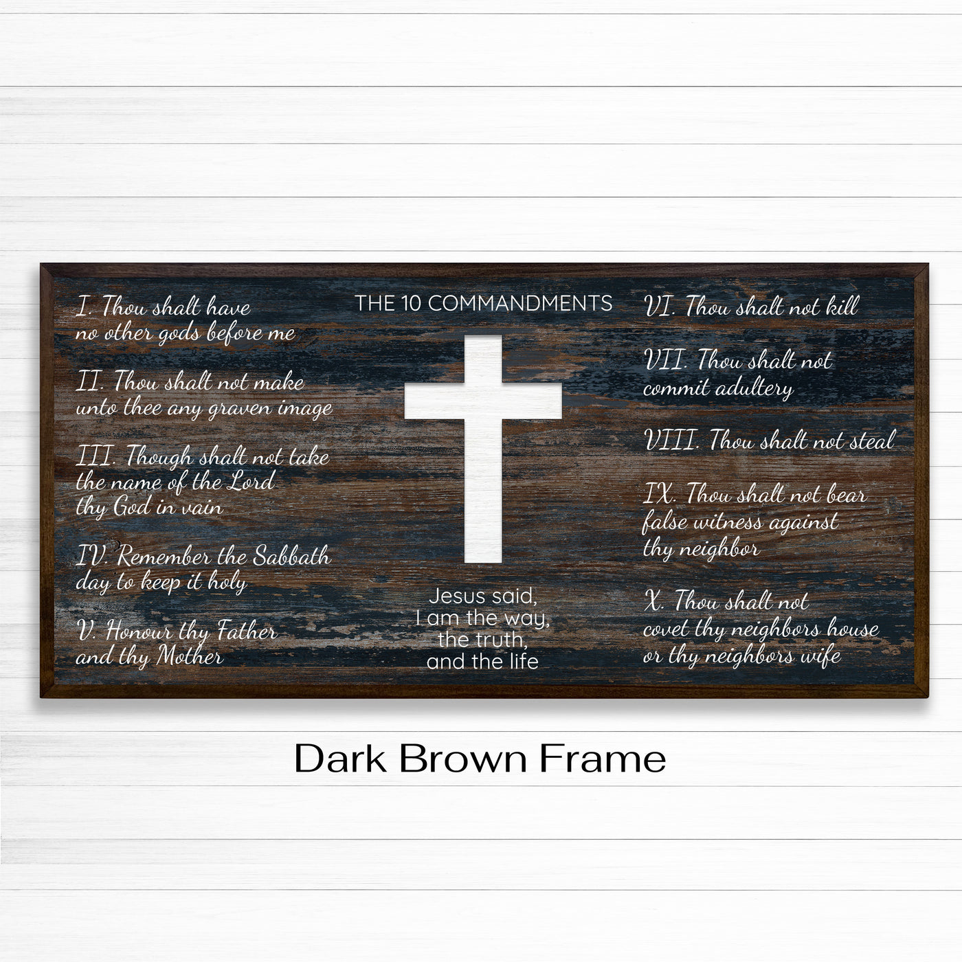 Ten commandments wood framed canvas wall art. This wall art features a thin, solid wood frame handcrafted at our shop located in Ashland, Nebraska. White distressed cross and text on a distressed blue woodgrain pattern background, on premium canvas with a high definition print.