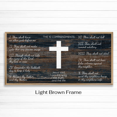 Ten commandments wood framed canvas wall art. This wall art features a thin, solid wood frame handcrafted at our shop located in Ashland, Nebraska. White distressed cross and text on a distressed blue woodgrain pattern background, on premium canvas with a high definition print.