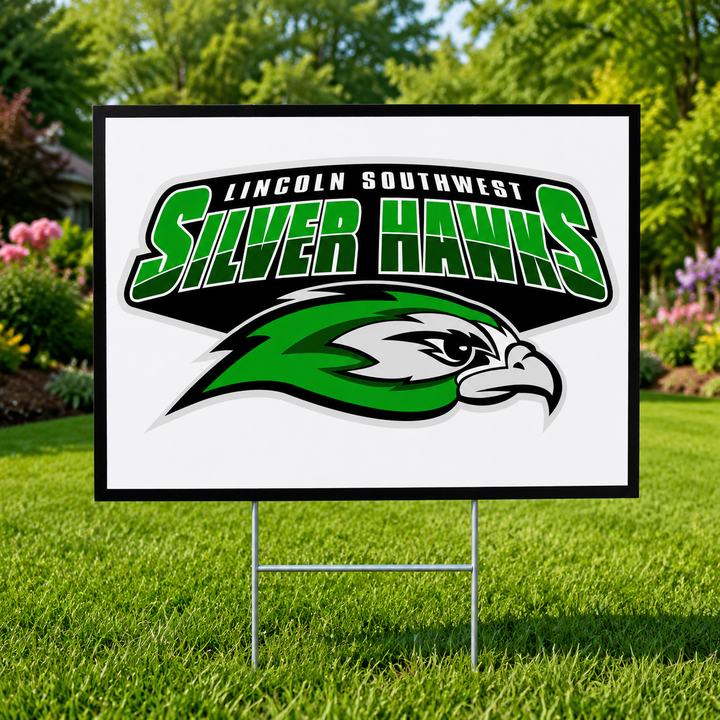 Lincoln Southwest Silverhawks logo yard sign displayed on a lawn