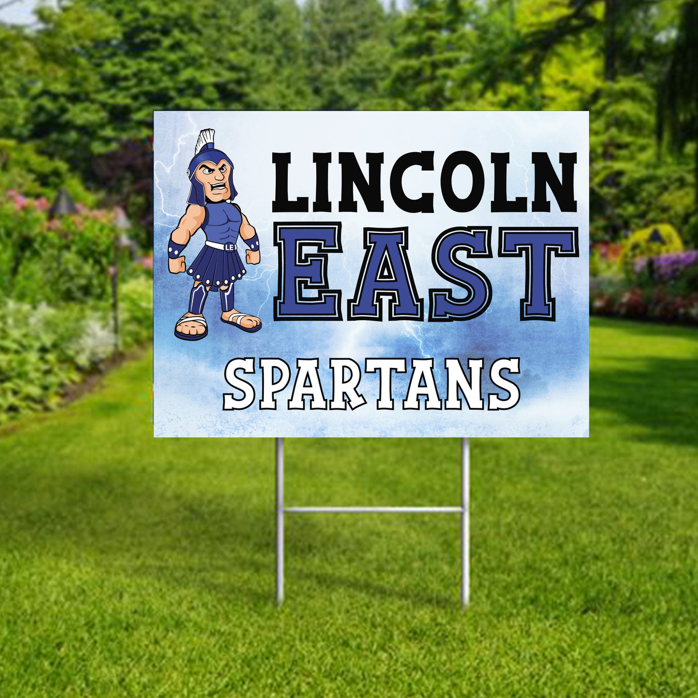 Personalized yard sign for Lincoln East Spartans sports team player. The sign features the team logo in the center, surrounded by a background in team colors.