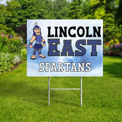 Personalized yard sign for Lincoln East Spartans sports team player. The sign features the team logo in the center, surrounded by a background in team colors.