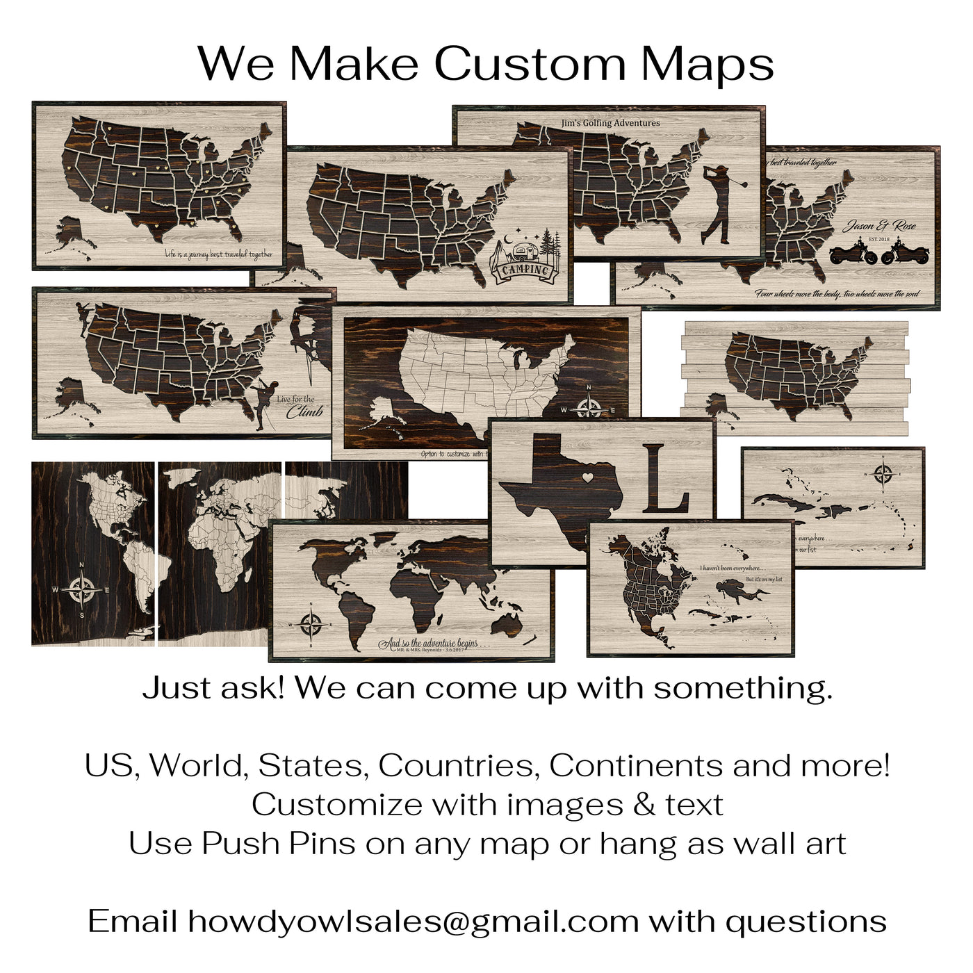 Custom US push pin travel map carved into wood and personalized with your own text - Anniversary gift idea - Use push pins to mark your travels
