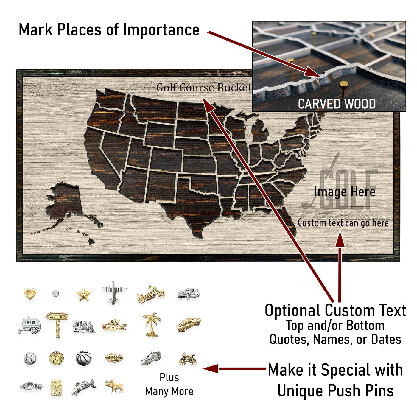 US Push Pin Golf Map to mark golf courses played. Custom carved wooden map that is the perfect gift for any golfer.