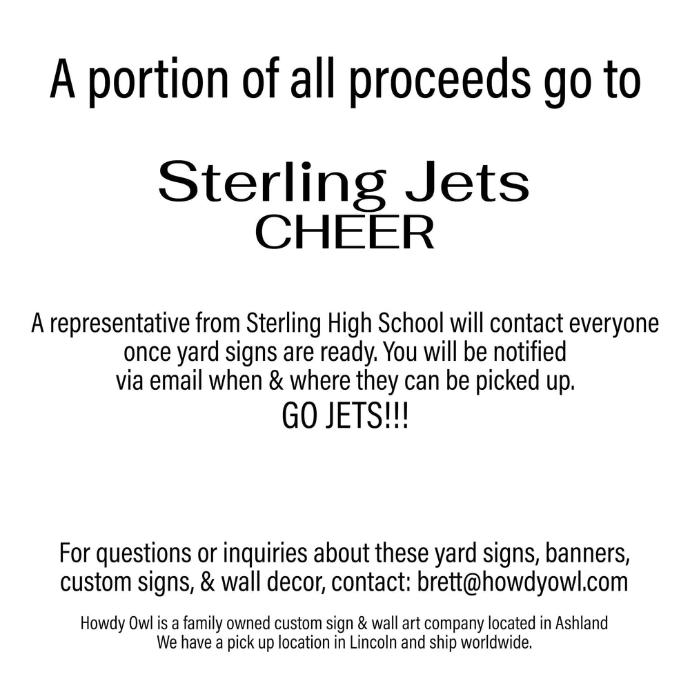 Personalized yard sign for Sterling Jets sports team player. The sign features the team logo in the center, surrounded by a background in team colors.