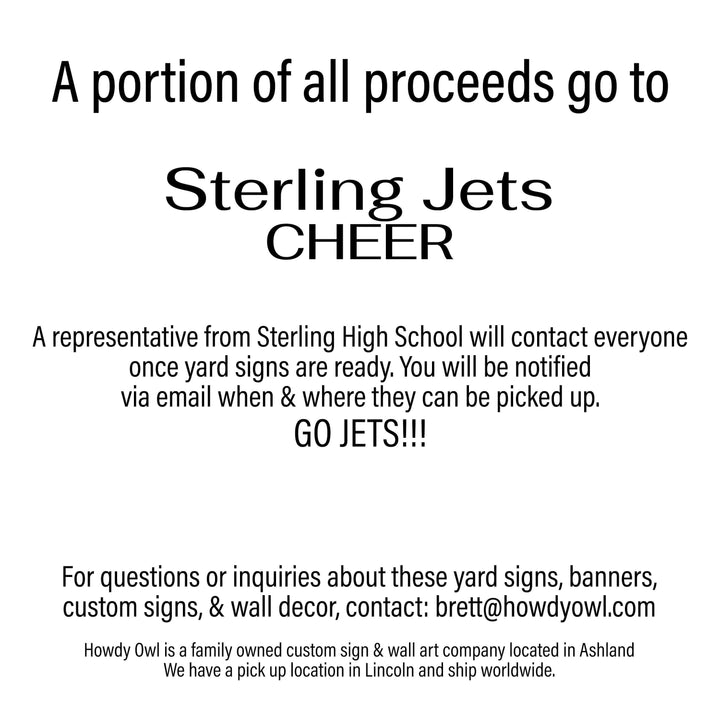 Personalized yard sign for Sterling Jets sports team player. The sign features the team logo in the center, surrounded by a background in team colors.