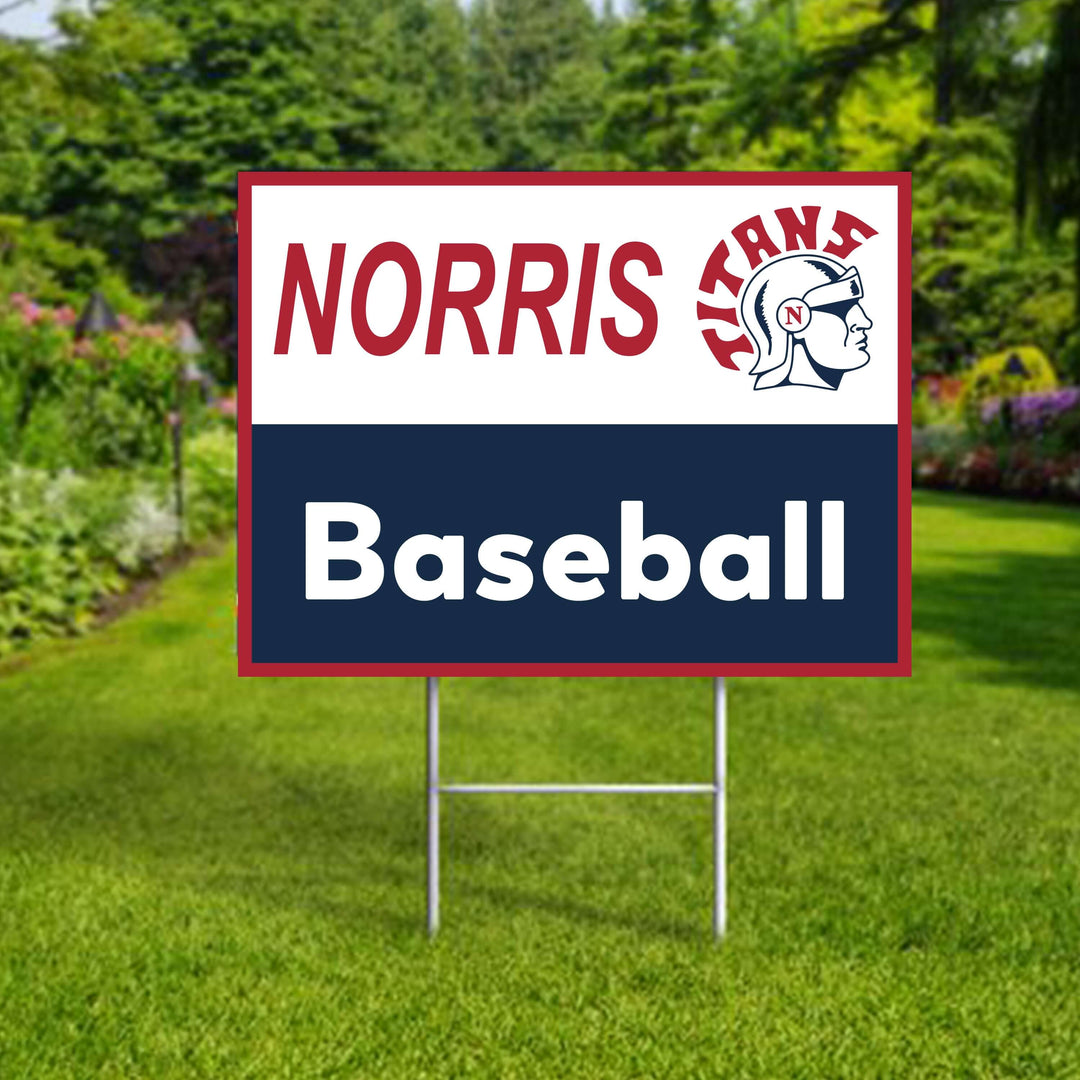 Personalized yard sign for Norris Titans sports team player. The sign features the team logo in the center, surrounded by a background in team colors.