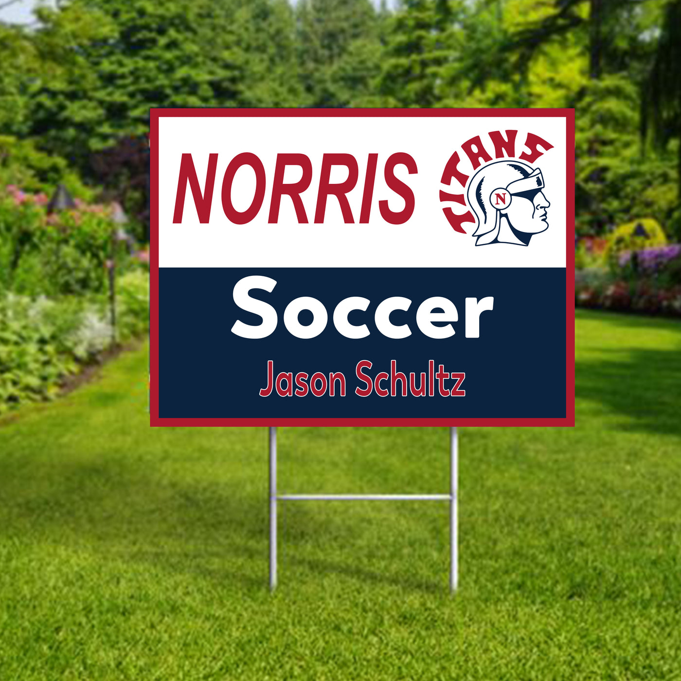 Personalized yard sign for Norris Titans sports team player. The sign features the team logo in the center, surrounded by a background in team colors.