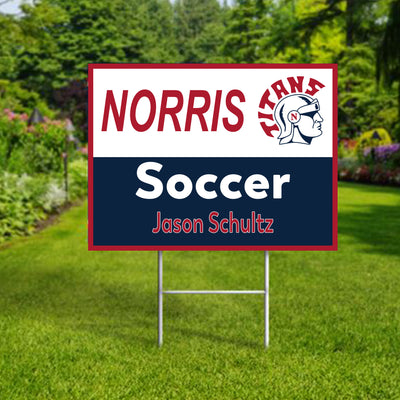 Personalized yard sign for Norris Titans sports team player. The sign features the team logo in the center, surrounded by a background in team colors.