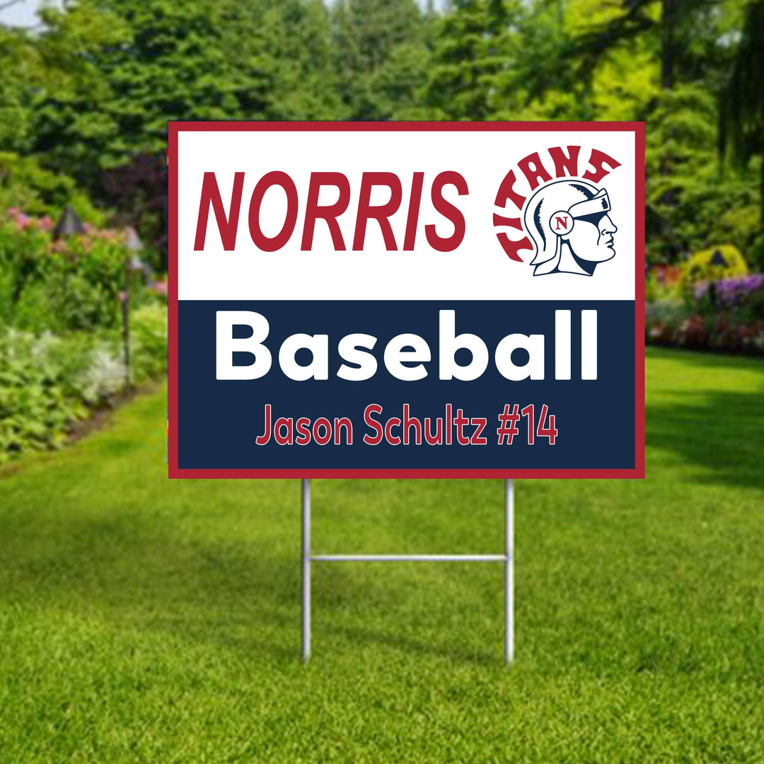 Personalized yard sign for Norris Titans sports team player. The sign features the team logo in the center, surrounded by a background in team colors.