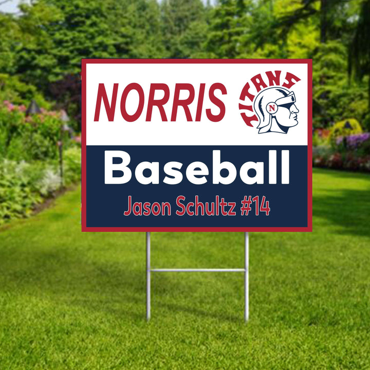 Personalized yard sign for Norris Titans sports team player. The sign features the team logo in the center, surrounded by a background in team colors.