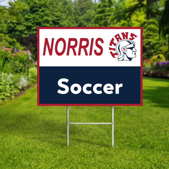 Personalized yard sign for Norris Titans sports team player. The sign features the team logo in the center, surrounded by a background in team colors.