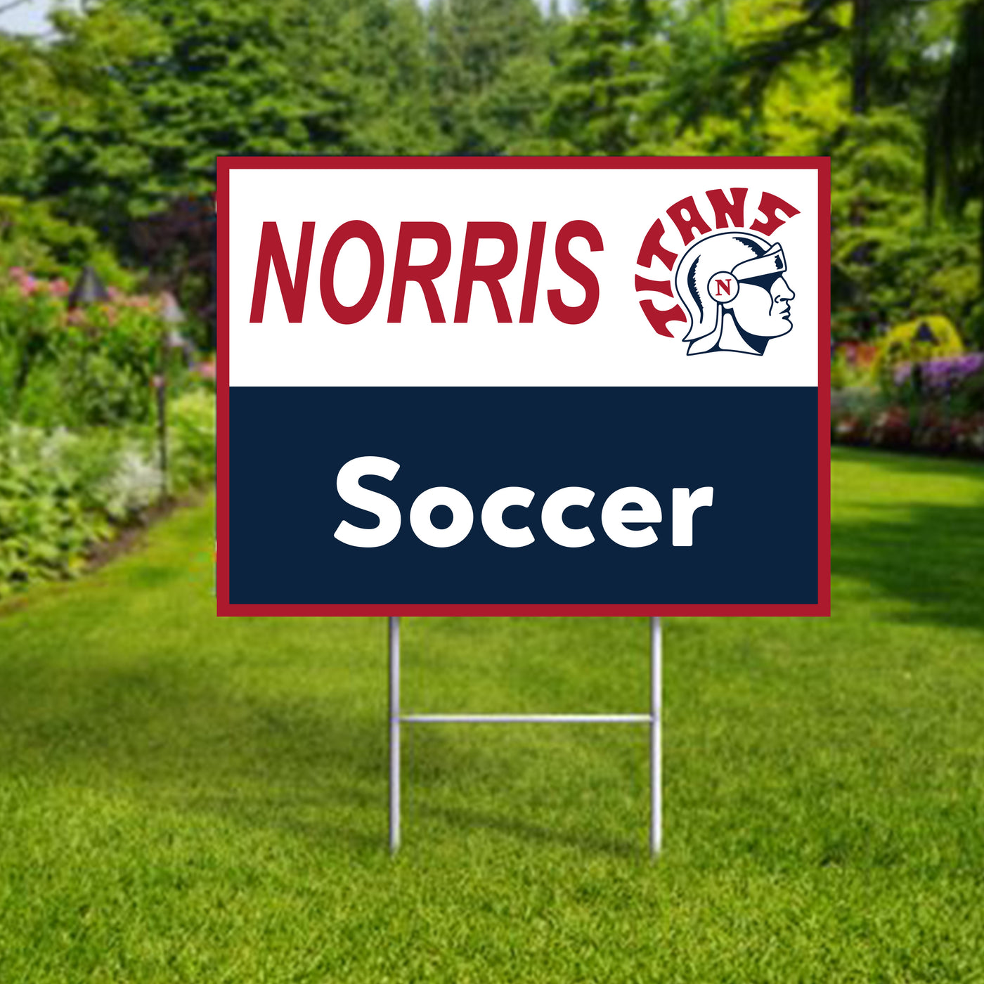 Personalized yard sign for Norris Titans sports team player. The sign features the team logo in the center, surrounded by a background in team colors.