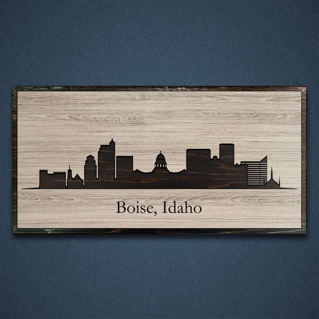 Boise, Idaho city skyline wood all art. Custom carved into solid wood and features Howdy Owl&