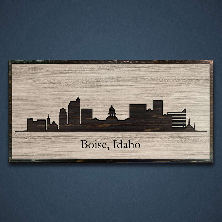 Boise, Idaho city skyline wood all art. Custom carved into solid wood and features Howdy Owl&