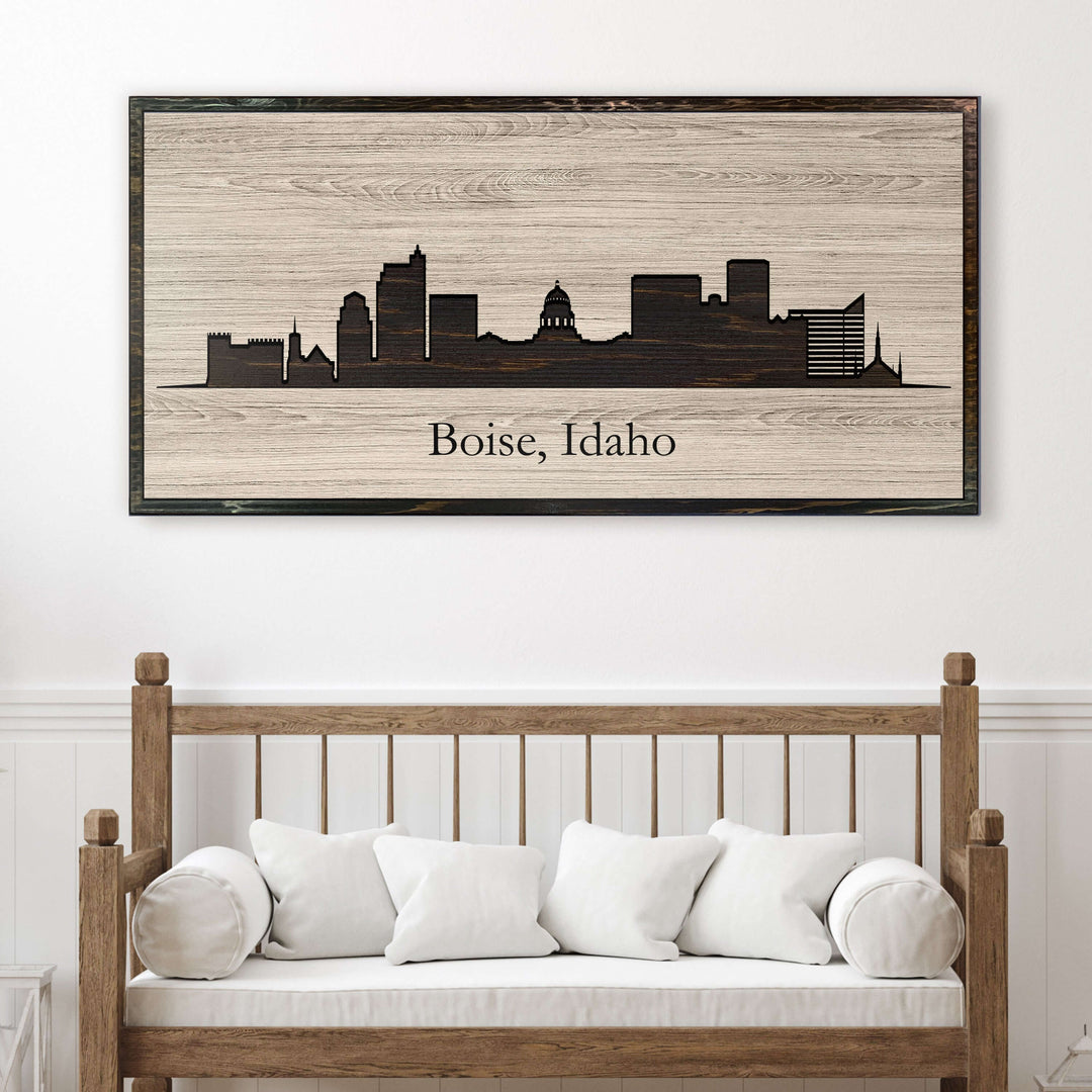 Boise, Idaho city skyline wood all art. Custom carved into solid wood and features Howdy Owl&