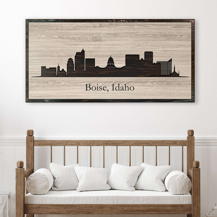 Boise, Idaho city skyline wood all art. Custom carved into solid wood and features Howdy Owl&