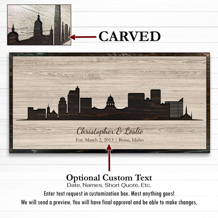 Boise, Idaho city skyline wood all art. Custom carved into solid wood and features Howdy Owl&