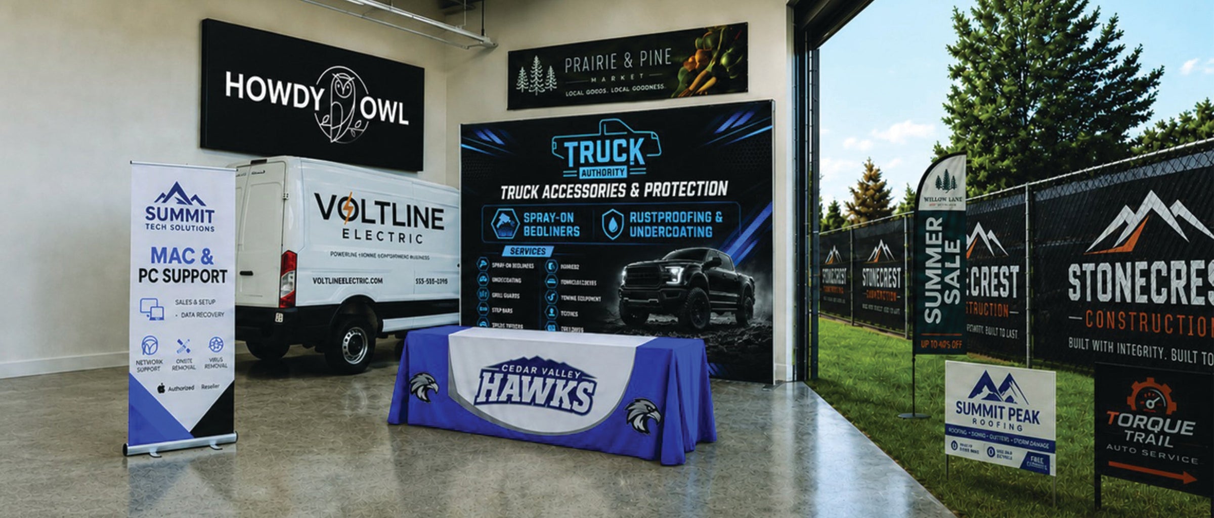 Howdy Owl print shop with large-format printers, custom banners, yard signs and branded wall displays.