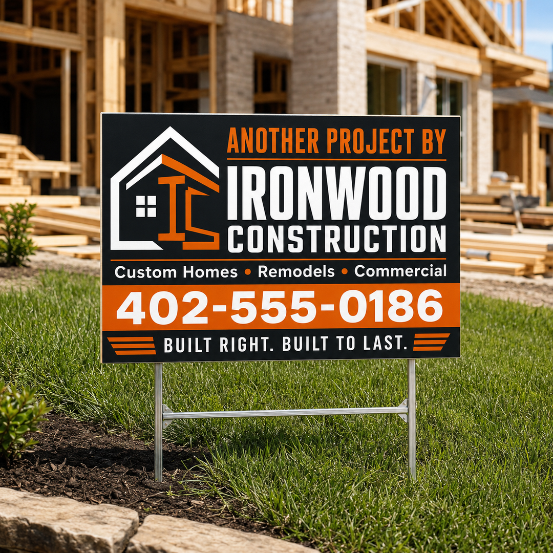Custom construction and roofing yard sign displayed on an aluminum H-frame