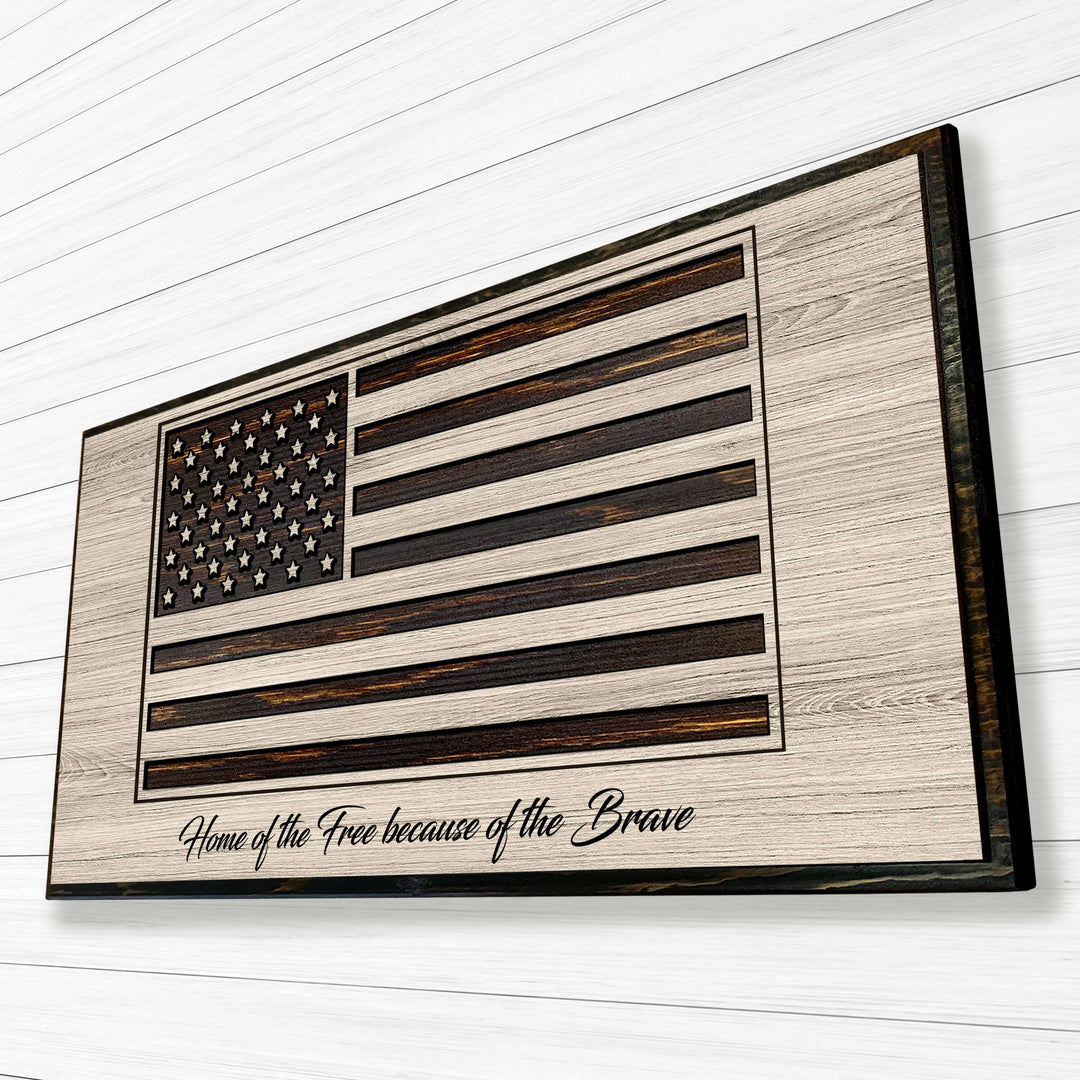 Custom carved American flag wood wall art with raised stars and stripes