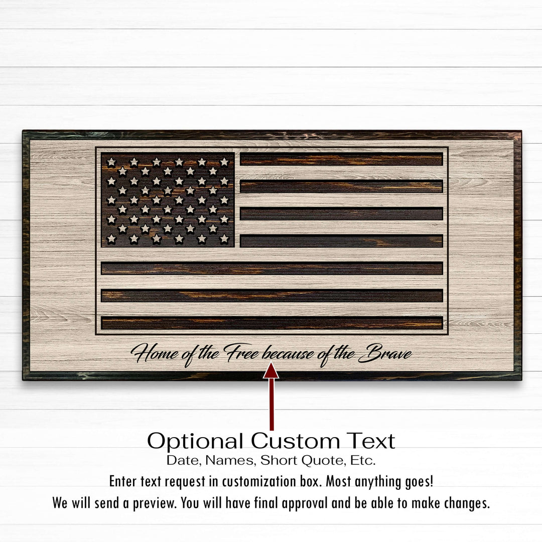 Custom carved American flag wood wall art with raised stars and stripes