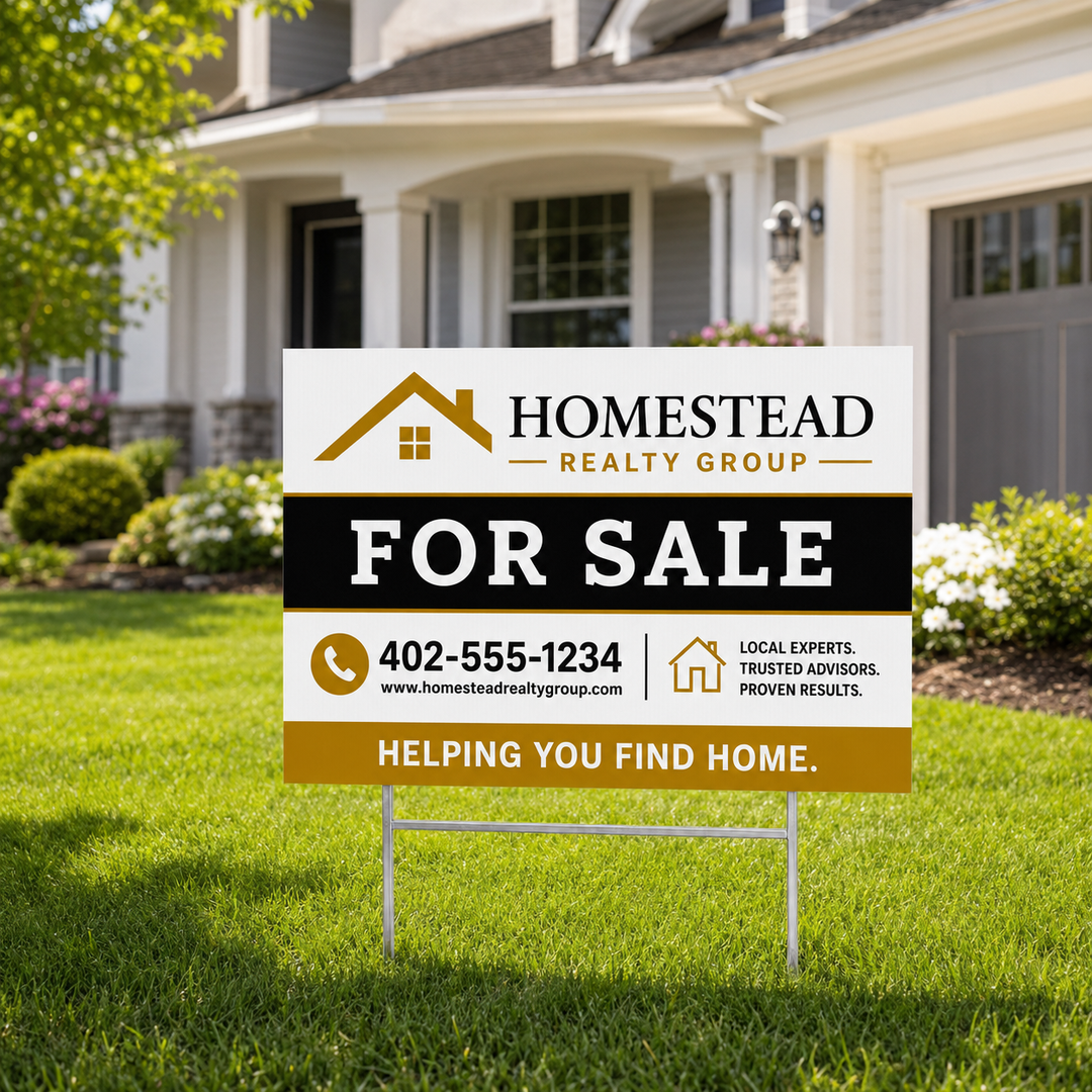 Custom real estate For Sale yard sign with H-frame displayed in front of a home