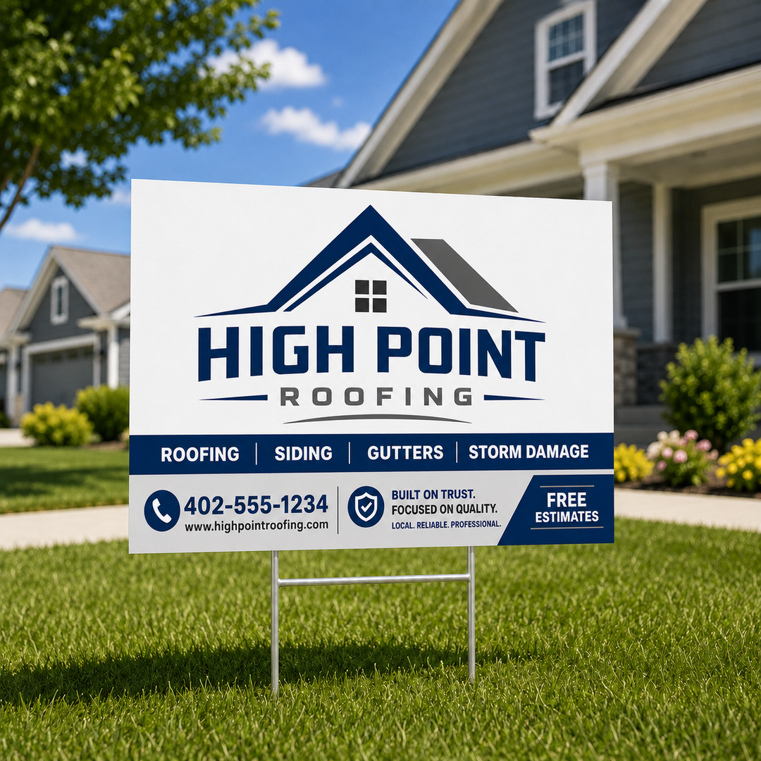 Custom full-color roofing contractor yard sign advertising roofing, siding, gutters and storm-damage services on a metal H-frame.
