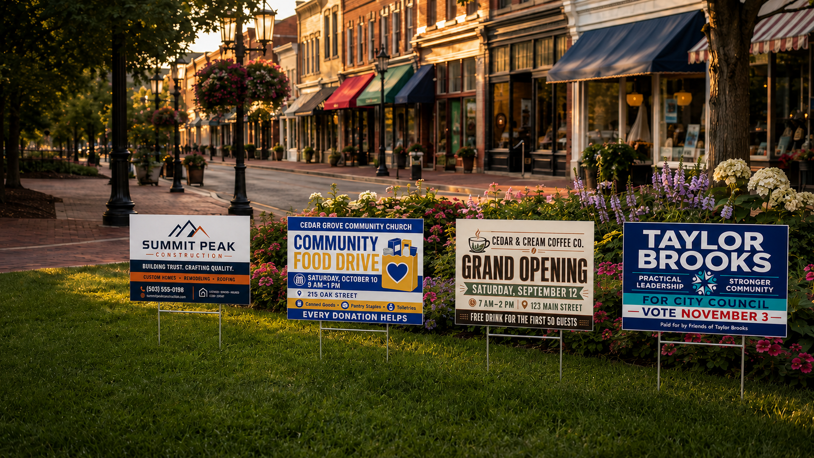 Custom full-color yard signs for a community food drive, coffee shop grand opening and political campaign displayed along a downtown street.