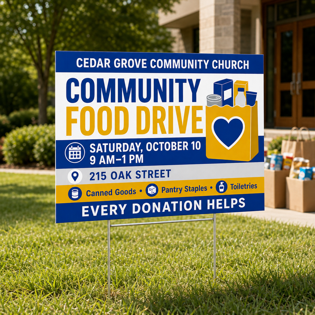 Custom church food drive yard sign displayed on an aluminum H-frame outside a community church