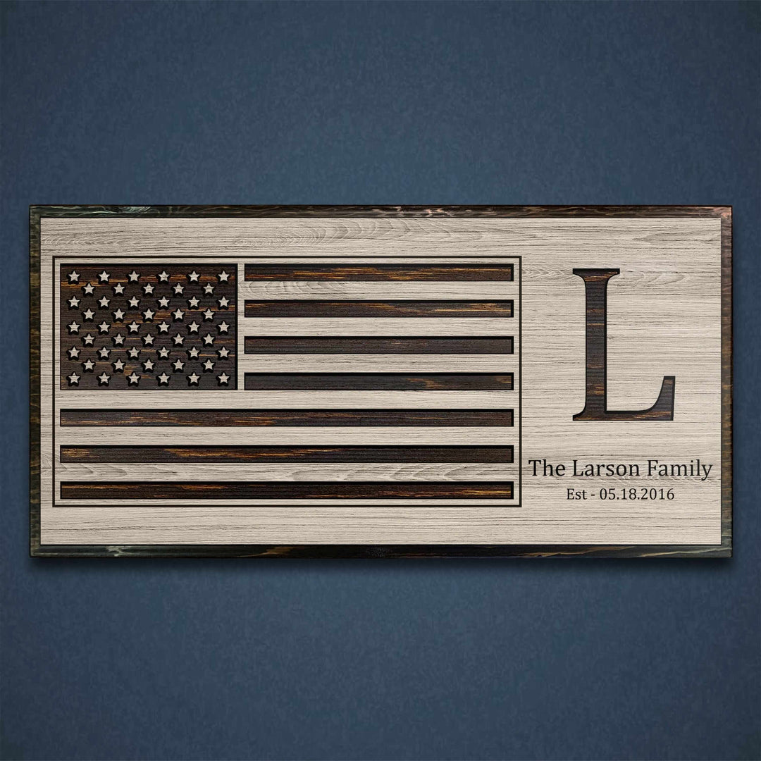 custom carved american flag wood wall art with family name and established date