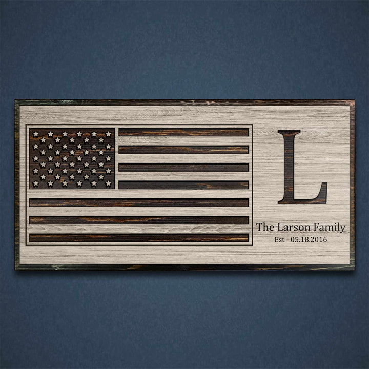 custom carved american flag wood wall art with family name and established date