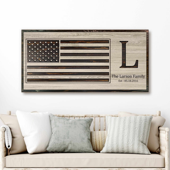 custom carved american flag wood wall art with family name and established date