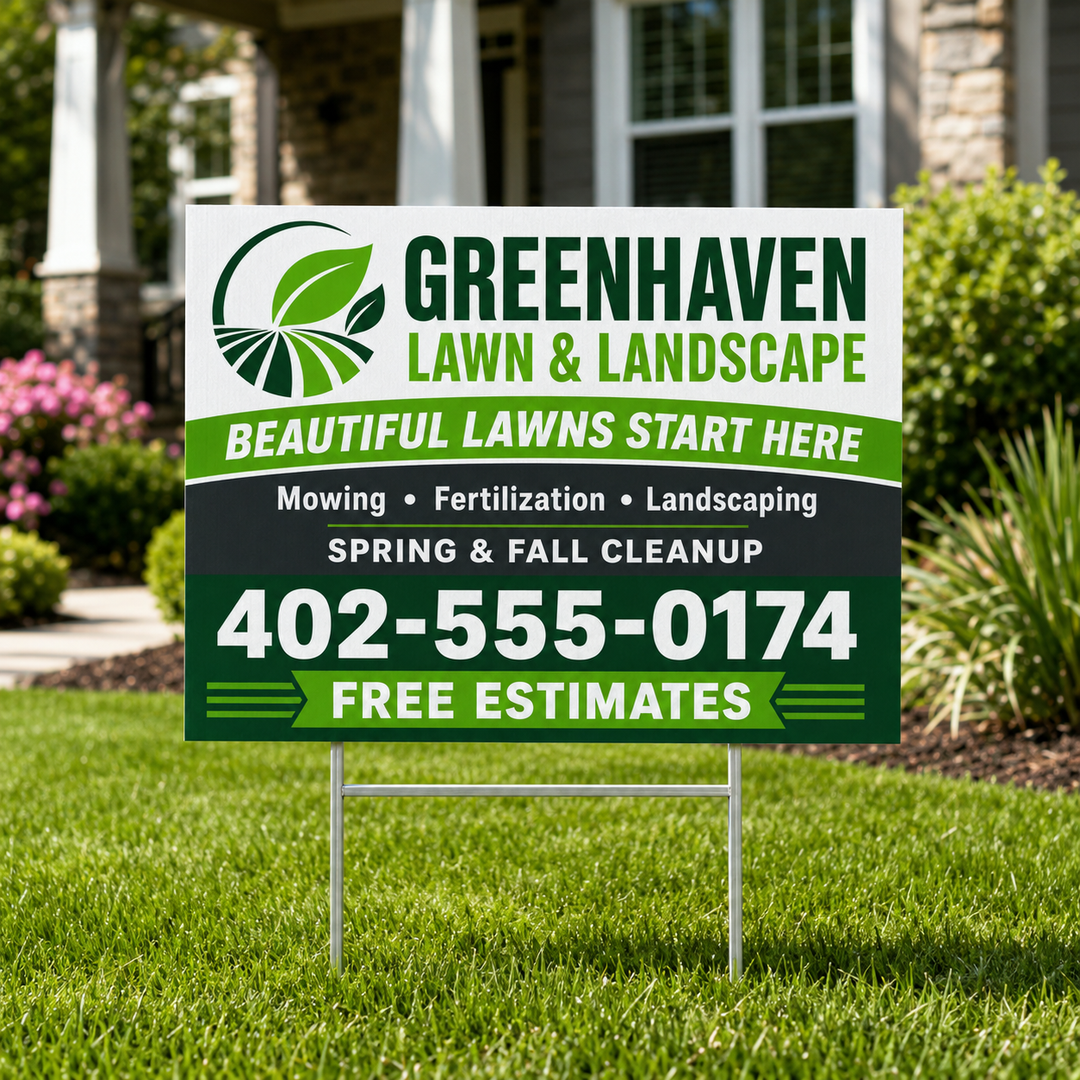 Custom lawn care and home service yard sign displayed outdoors