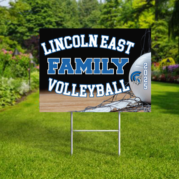 Personalized yard sign for Lincoln East Spartans Volleyball. The sign features the school colors and can be personalized with a students name.