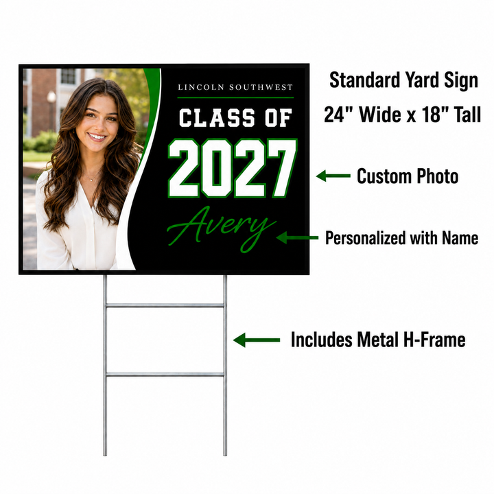 Customizable yard sign template with a sample photo of a woman, black and green background, and large white text reading &