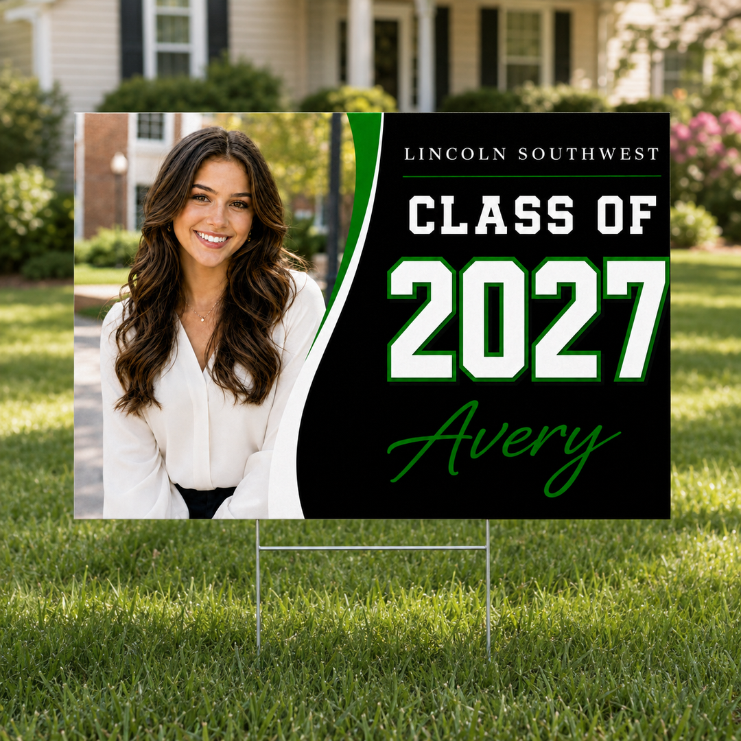 Personalized Lincoln Southwest Class of 2027 graduation yard sign with senior photo and name