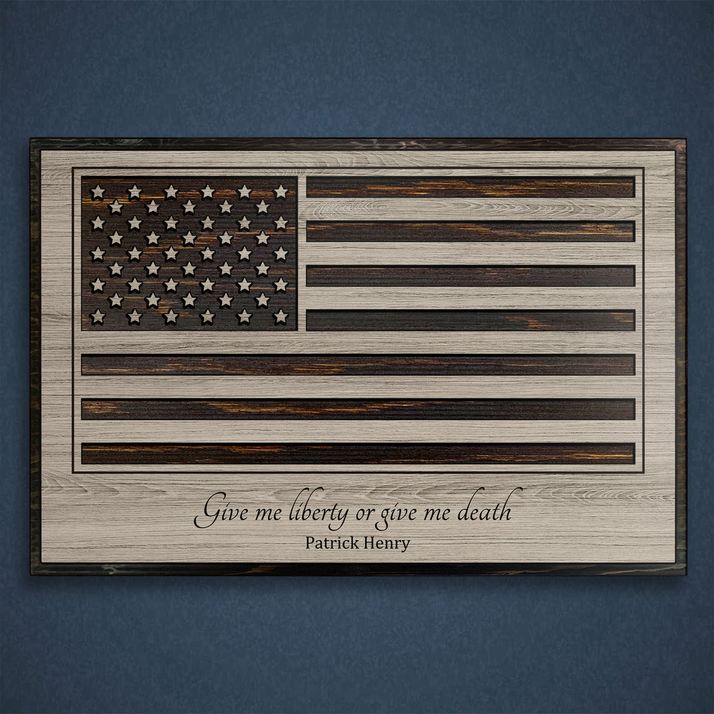 custom carved american flag wood wall art with Patrick Henry quote give me liberty or give me death