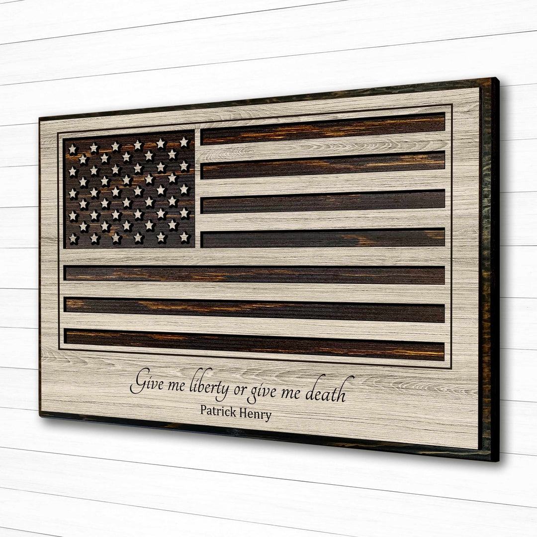 custom carved american flag wood wall art with Patrick Henry quote give me liberty or give me death