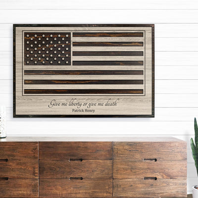 custom carved american flag wood wall art with Patrick Henry quote give me liberty or give me death