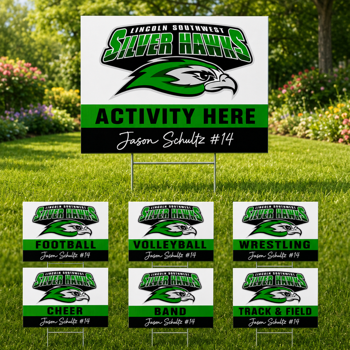 Personalized Lincoln Southwest Silverhawks yard sign with the student’s name displayed on a lawn