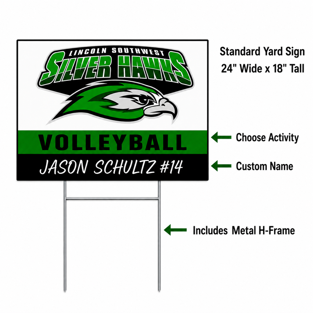 Personalized Lincoln Southwest Silverhawks yard signs with the student’s name displayed on a lawn